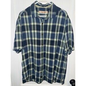 Tommy Bahama Mens L Blue Plaid 100% Silk Short Sleeve Button Up Shirt